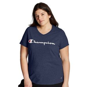 Champion Women's Plus Size Classic Graphic Jersey V-Neck T-Shirt in Blue Size 1X